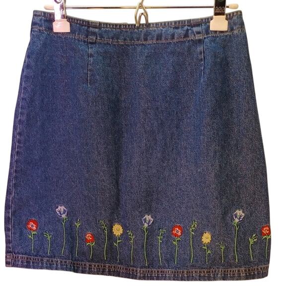 Route 66 Dresses & Skirts - Vintage Route 66 Denim Mini Skirt with Floral Embroidery Size Small